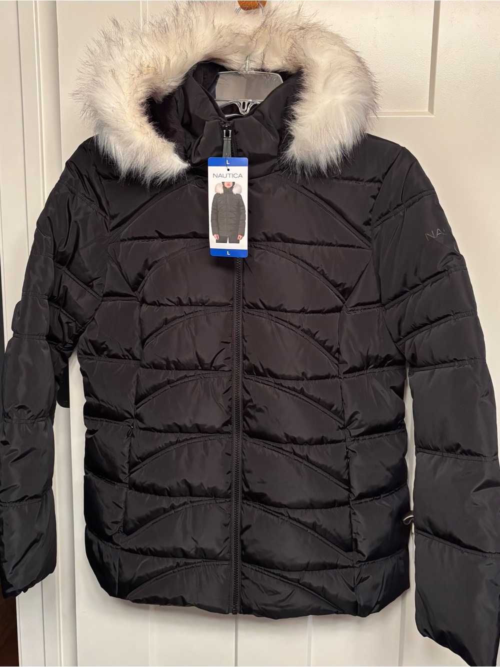 Nautica Black Quilted Puffer Jacket with Faux Fur Hood Trim